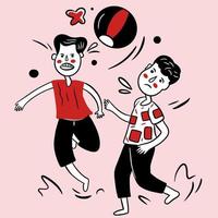 zwei jungen, die an einem fußballspiel teilnehmen, um den unabhängigkeitstag indonesiens zu feiern vektor