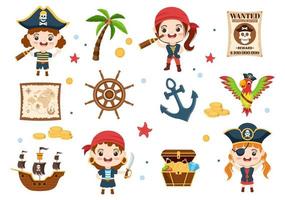 piratenzeichentrickfigurillustration mit schatzkarte, holzrad, truhen, papagei, pirat, schiff, flagge und lustiger roger im flachen ikonenstil