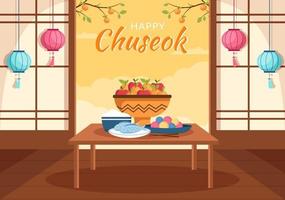 glücklicher chuseok-tag in korea zum erntedankfest mit kalligrafietext, vollmond und himmellandschaft in flacher karikaturillustration vektor