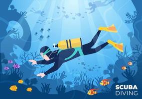 Gerätetauchen mit Unterwasserschwimmausrüstung zum Erkunden von Korallenriffen, Meeresflora und -fauna oder Fischen im Ozean in flacher Cartoon-Vektorillustration