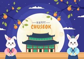 glücklicher chuseok-tag in korea zum erntedankfest mit niedlichem kaninchencharakter in traditioneller hanbok-, vollmond- und himmellandschaft in flacher karikaturillustration vektor