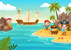niedliche piraten-cartoon-figur-illustration mit holzrad, truhe, vintage-karibik, piraten und jolly roger auf schiff auf meer oder insel vektor