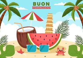 buon ferragosto italiensk sommarfestival i strand tecknad illustration på helgdag som firas den 15 augusti i platt stildesign vektor