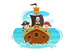 niedliche piraten-cartoon-figur-illustration mit holzrad, truhe, vintage-karibik, piraten und jolly roger auf schiff auf meer oder insel vektor