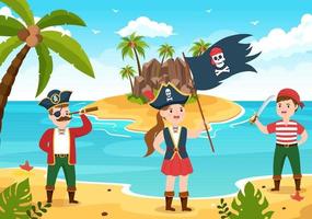 niedliche piraten-cartoon-figur-illustration mit holzrad, truhe, vintage-karibik, piraten und jolly roger auf schiff auf meer oder insel vektor