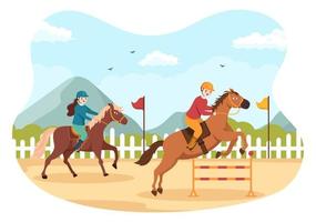 hästkapplöpning tecknad illustration med karaktärer som gör tävlingssportsmästerskap eller ridsport på kapplöpningsbanan vektor
