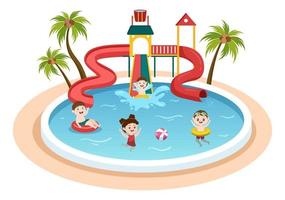 wasserpark mit schwimmbad, unterhaltung, rutsche, palmen und kindern schwimmen zur erholung und spielplatz im freien in flacher karikaturillustration vektor