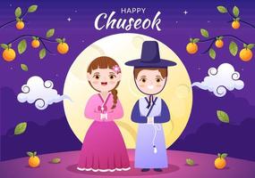 glad chuseok-dag i korea för tacksägelse med människor i traditionella hanbok, fullmåne och himmelslandskap i platt tecknad illustration vektor