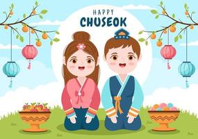 glücklicher chuseok-tag in korea zum erntedankfest mit menschen in traditioneller hanbok-, vollmond- und himmellandschaft in flacher karikaturillustration vektor