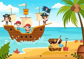 niedliche piraten-cartoon-figur-illustration mit holzrad, truhe, vintage-karibik, piraten und jolly roger auf schiff auf meer oder insel vektor