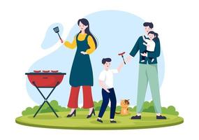 bbq eller grill med biffar på grillen, tallrikar, korv, kyckling, grönsaker och människor på picknick eller fest i parken i platt tecknad illustration vektor
