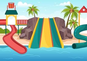 wasserpark mit schwimmbad, unterhaltung, rutsche, palmen zur erholung und spielplatz im freien in flacher karikaturillustration vektor