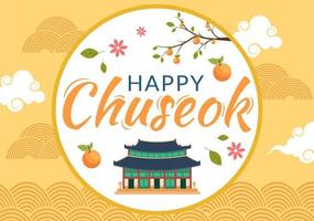 glad chuseok-dag i korea för tacksägelse med kalligrafitext, fullmåne och himmellandskap i platt tecknad illustration vektor