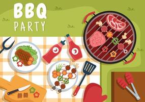 bbq eller grill med biffar på grillen, brödrost, tallrikar, korv, kyckling och grönsaker i platt bakgrund tecknad illustration vektor