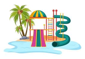 wasserpark mit schwimmbad, unterhaltung, rutsche, palmen zur erholung und spielplatz im freien in flacher karikaturillustration vektor