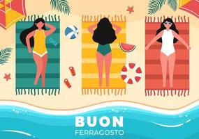 buon ferragosto italienisches sommerfest in der strandkarikaturillustration am feiertag, der am 15. august im flachen design gefeiert wird vektor