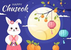 glücklicher chuseok-tag in korea zum erntedankfest mit niedlichem kaninchencharakter in traditioneller hanbok-, vollmond- und himmellandschaft in flacher karikaturillustration vektor