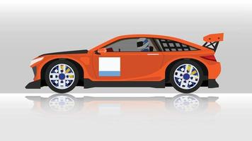 koncept vektorillustration av detaljerad sida av en platt orange sportbil med körande man inuti bilen. med skuggan av bilen på reflekteras från marken nedanför. och isolerade vit bakgrund. vektor