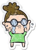 Distressed-Sticker einer weinenden Cartoon-Frau mit Brille vektor