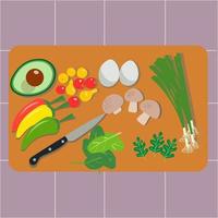 Satz Gemüse auf einem Schneidebrett. Avocado, Tomaten, Paprika, Eier, Pilze, Zwiebeln, Spinat. flache vektorillustration. vektor