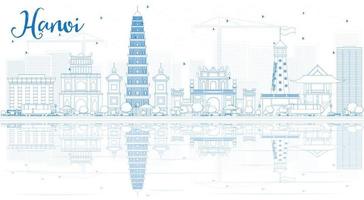 kontur Hanois skyline med blå landmärken och reflektioner. vektor
