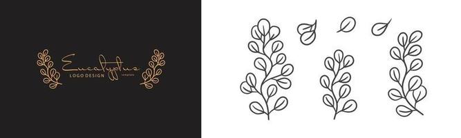 ekologisk eukalyptus växt illustration och märken logotyp mall. vintage minimalistisk stämpeletiketter för tagg med isolerade eukalyptusblad. uppsättning av handritad naturlig skylt för enkel rustik design. vektor
