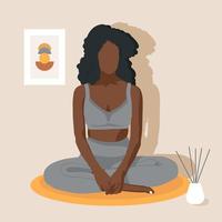 Frau, die Yoga in seinem Zimmer oder seiner Wohnung macht. gesichtslose Frau, die im Lotussitz sitzt. konzeptionelle illustration für yoga, meditation, entspannung, ruhe, gesunden lebensstil. flache vektorillustration. vektor