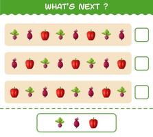 Was kommt als nächstes Lernspiel von Cartoon-Gemüse. Finden Sie die Regelmäßigkeit und fahren Sie mit der Zeilenaufgabe fort. Lernspiel für Kinder und Kleinkinder im Vorschulalter vektor