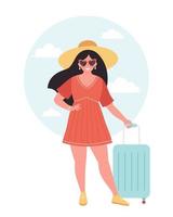Frau Tourist mit Reisetasche oder Gepäck. Sommerferien, Sommerreisen, Sommerzeit. vektor