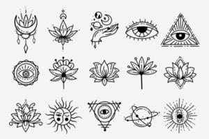 set sammlung mystisch himmlisch dunkel heilig einfach minimalismus tattoo clipart symbol raum gekritzel esoterisch elemente vintage illustration vektor