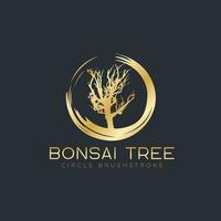 cirkel penseldrag med bonsai träd logotyp, växt siluett ikoner på vit bakgrund. vektor