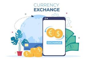 World Currency Exchange Services Cartoon Illustration Online-Wirtschaftsanwendungen für Kryptografie, Euro, Dollar mit Transaktionscode
