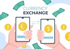 World Currency Exchange Services Cartoon Illustration Online-Wirtschaftsanwendungen für Kryptografie, Euro, Dollar mit Transaktionscode vektor