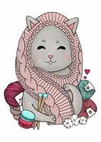 strickende Katze mit gestrickten Accessoires und Garnknäuel-Vektorillustration vektor