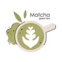 matcha grönt te. japansk tekultur. matcha latte är en hälsosam drink.logotyp för matcha te. handritade vektor färg mode illustration.