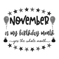 November ist mein Geburtstagsmonat ja den ganzen Monat. November Geburtstag. Geburtstagsfeier. geburtstagstorte und ballon. geburtstagszitat typografie vektor