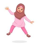 glad söt liten muslimsk flicka hoppar firar ramadhan vektor