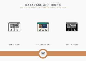 Datenbank-App-Symbole setzen Vektorillustration mit solidem Symbollinienstil. Big-Data-Technologiekonzept. editierbares Strichsymbol auf isoliertem Hintergrund für Webdesign, Benutzeroberfläche und mobile Anwendung vektor