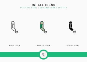 Symbole zum Einatmen setzen Vektorgrafiken mit solidem Symbollinienstil. Asthma-Spray-Konzept. editierbares Strichsymbol auf isoliertem Hintergrund für Webdesign, Infografik und ui mobile App. vektor