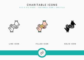 wohltätige symbole setzen vektorillustration mit solidem symbollinienstil. Hilfskonzept für wohltätige Zwecke. editierbares Strichsymbol auf isoliertem Hintergrund für Webdesign, Benutzeroberfläche und mobile App vektor