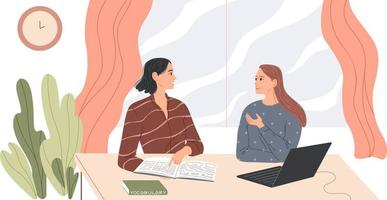 två kvinnor sitter vid skrivbordet och pratar vektor