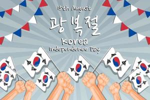 flache korea unabhängigkeitstag 15. august illustration mit händen, die koreanische flaggen halten vektor