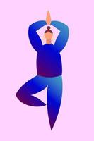 Eine Frau in blauer Kleidung steht in einer Baumpose. die zeichentrickfigur macht yoga. konzept von gleichgewicht, gesundem lebensstil, sport, harmonie vektor