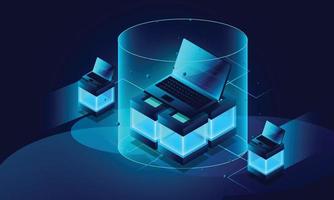 Laptop-Analyseverarbeitung. Cloud-Services-Konzept, Dateisicherung und -speicherung, isometrischer Vektor, Datenbank. vektor