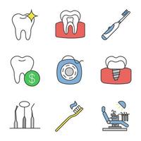 Farbsymbole für die Zahnheilkunde festgelegt. Stomatologie. gesunde Zahnstruktur, elektrische Zahnbürste, Preise für zahnärztliche Leistungen, Implantate, stomatologische Instrumente, Zahnseide, Behandlungsstuhl. isolierte Vektorgrafiken