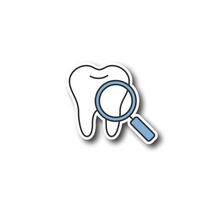 tandläkarkontrollplåster. tand med förstoringsglas. stomatologi färg klistermärke. vektor isolerade illustration