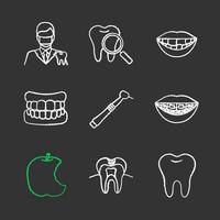 Kreidesymbole für die Zahnheilkunde gesetzt. Stomatologie. Zahnarzt, Zahnkontrolle, Prothese, fehlender Zahn, Zahnbohrer, Zahnspange, angebissener Apfel, Karies, gesunder Backenzahn. isolierte vektortafelillustrationen vektor