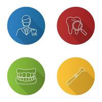 tandvård platt linjär lång skugga ikoner set. stomatologi. tandläkare, tandkontroll, tandprotes, tandborr. vektor kontur illustration