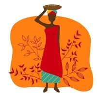 färgglada vektorillustration av tanzania flicka. afrikansk kvinna med löv på den orange bakgrunden. vektor