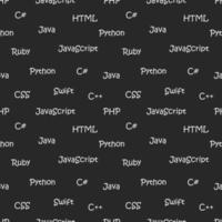 vektor seamless mönster med programmeringsspråk. namn på maskinspråk. svartvitt.